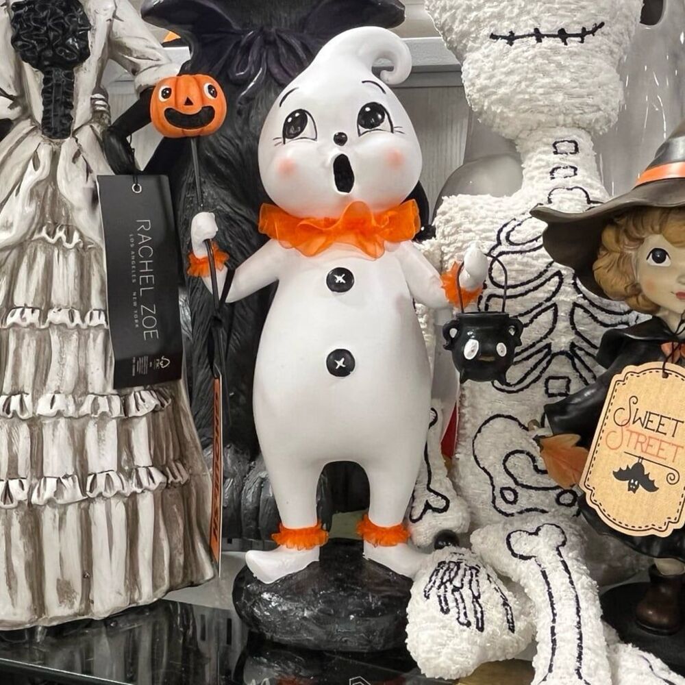 Ghoulish Halloween Ghost Holding Cauldron and Pumpkin Pick Figurine